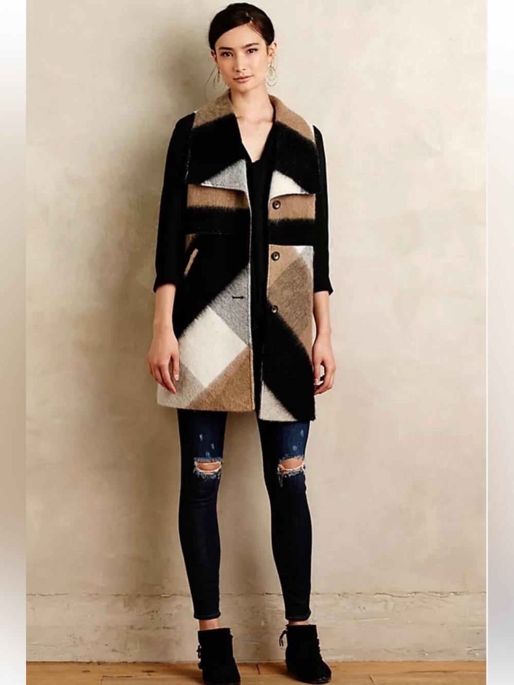 elevenses Black, Brown & Cream Geometric Wool Blend Vest